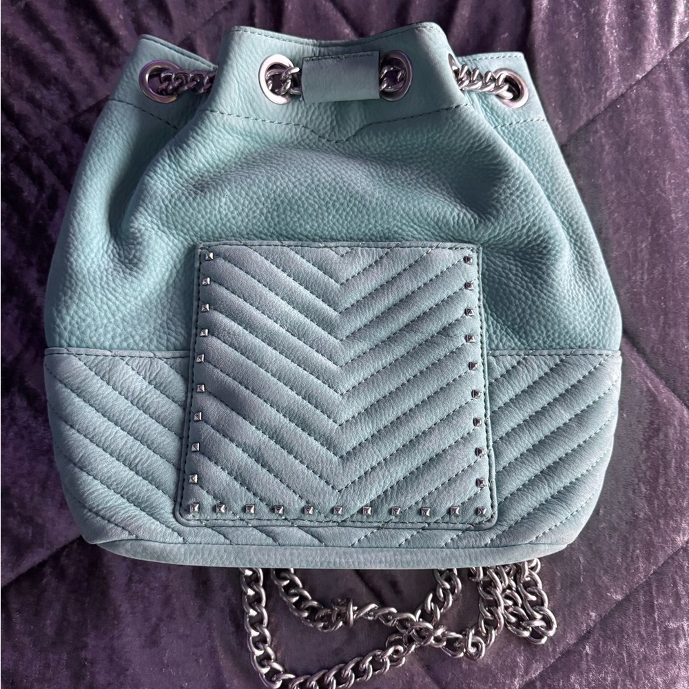 Rebecca Minkoff Convertible Mini Julian Backpack in Suede Aquamarine with Chain